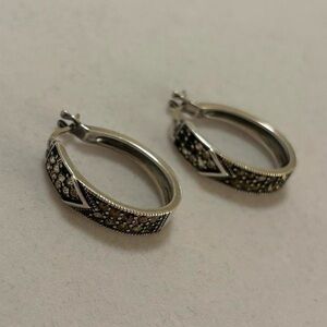 R 925 Sterling Silver Vintage Art Deco Style Marcasites Elongated Hoop Earrings